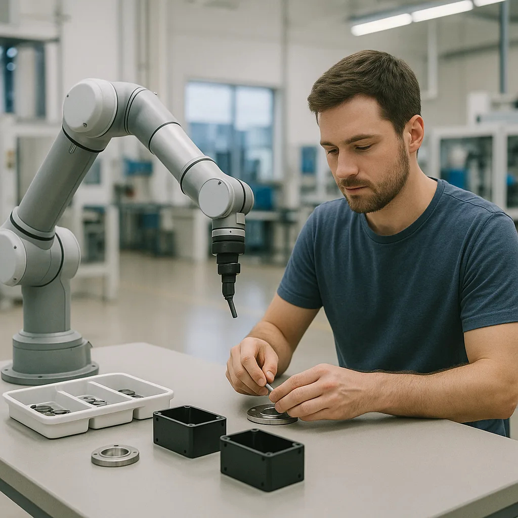 Collaborative robot arm and human operator performing simple assembly on a workbench in a clean factory.