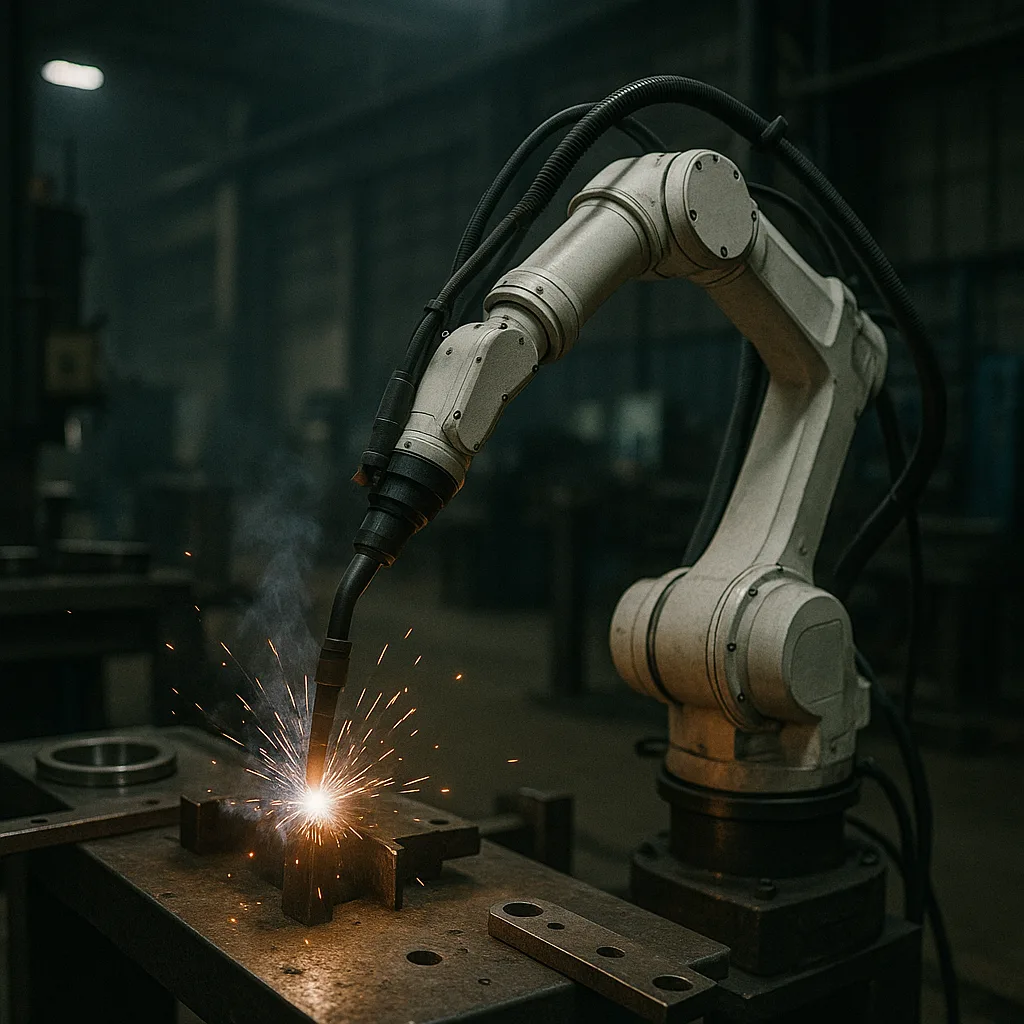Industrial robotic arm welding metal parts with sparks in a dimly lit production workshop.
