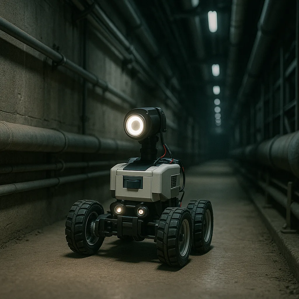 Rugged inspection robot with headlights navigating a dim industrial tunnel lined with pipes.