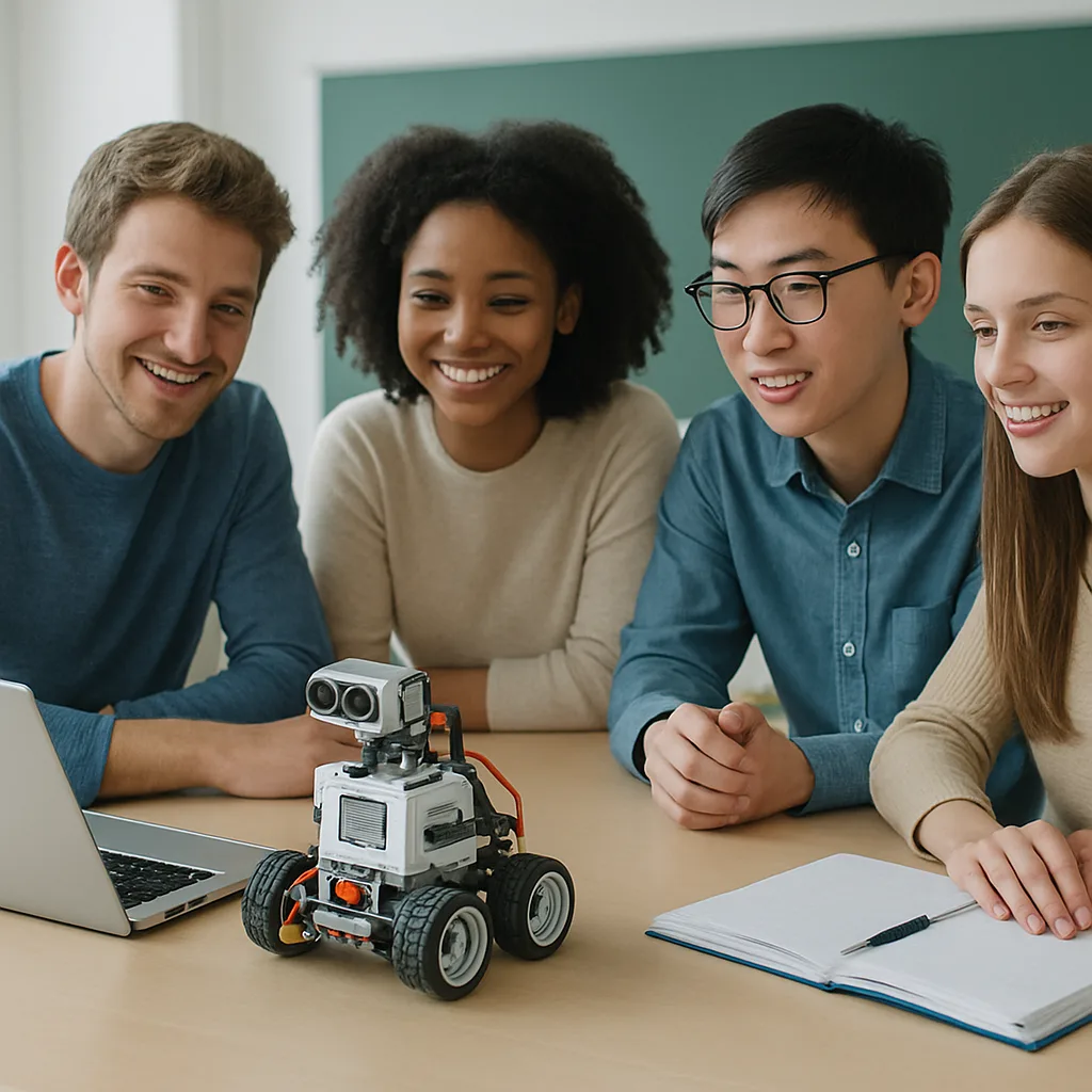 Group of students gathered around a small wheeled educational robot on a table with laptops and notebooks.