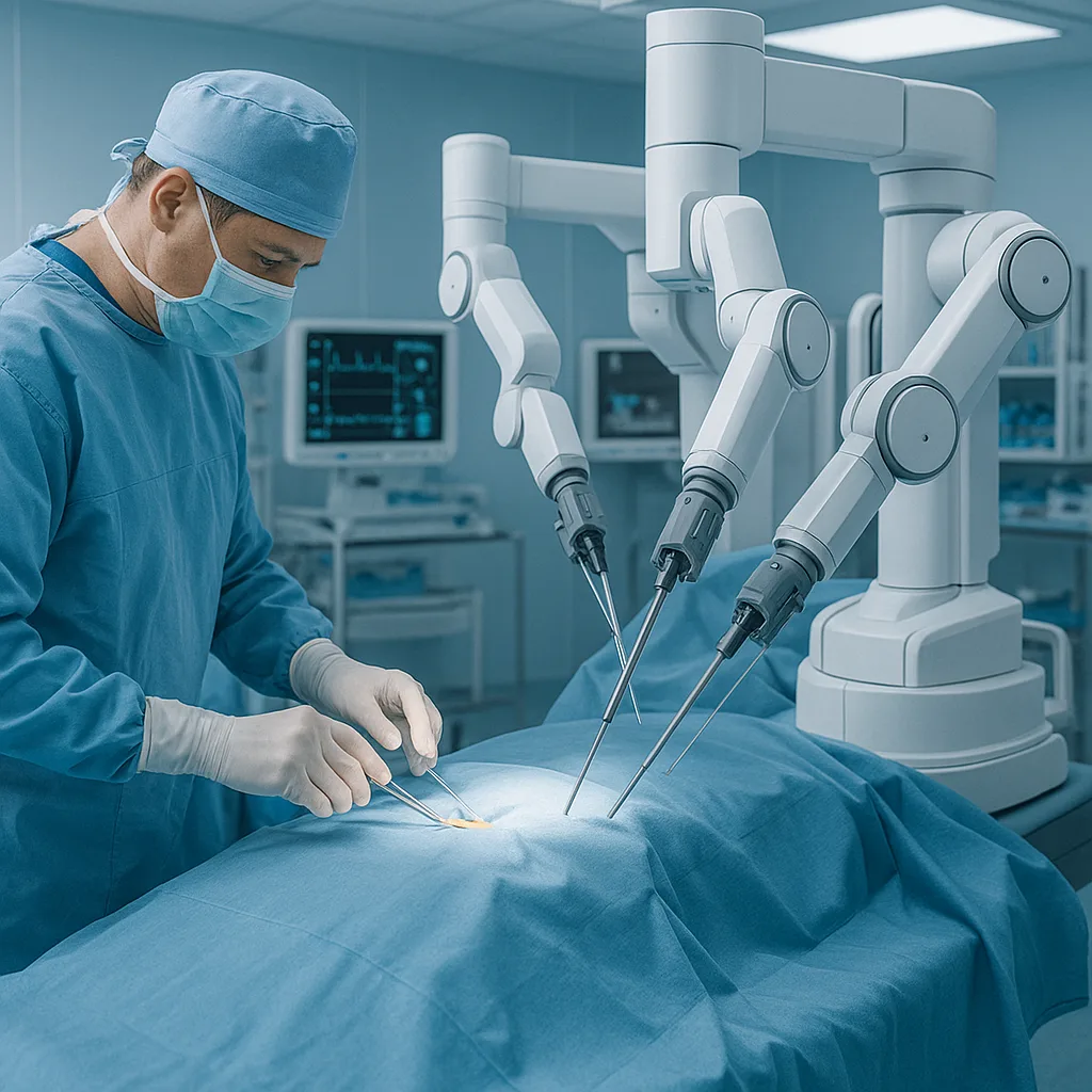 Surgeon operating with assistance of a robotic system with articulated arms in a sterile hospital operating room.