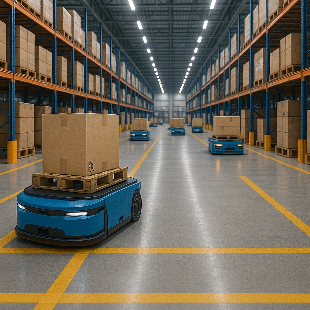 Multiple AGVs transporting boxes through warehouse aisles with tall shelves and floor safety lines.
