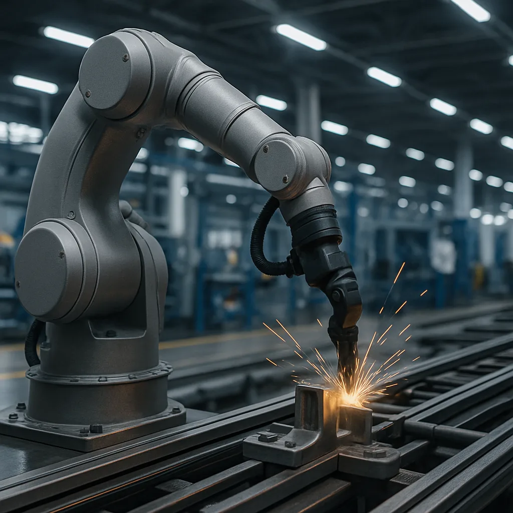 Robotic arm welding metal parts with visible sparks on an automated assembly line in a factory setting.