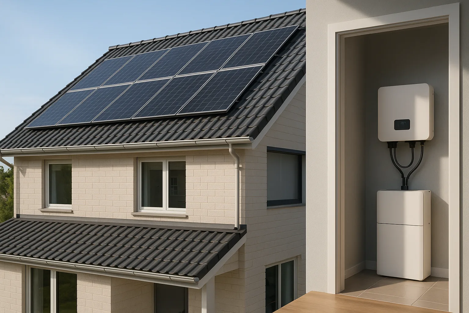 A modern house with rooftop solar panels and a compact indoor inverter system illuminated by natural daylight.