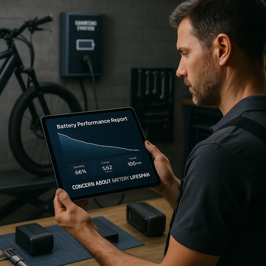 A mechanic analyzing battery performance data on a tablet in an eBike repair workshop with a charging station in the background.