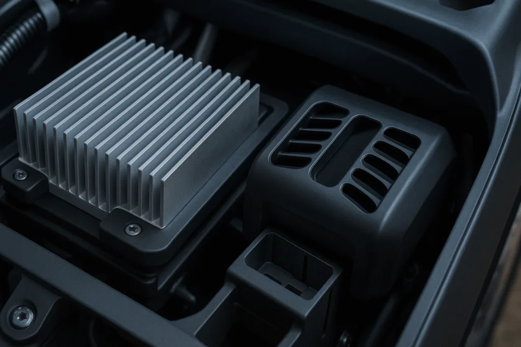A close-up of an industrial battery cooling system featuring aluminum heat sinks and airflow vents in an electric mobility device.