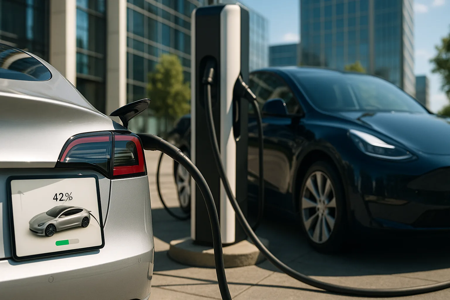 Tesla Model 3 and Model Y charging at a modern EV station with screens showing different charge levels.