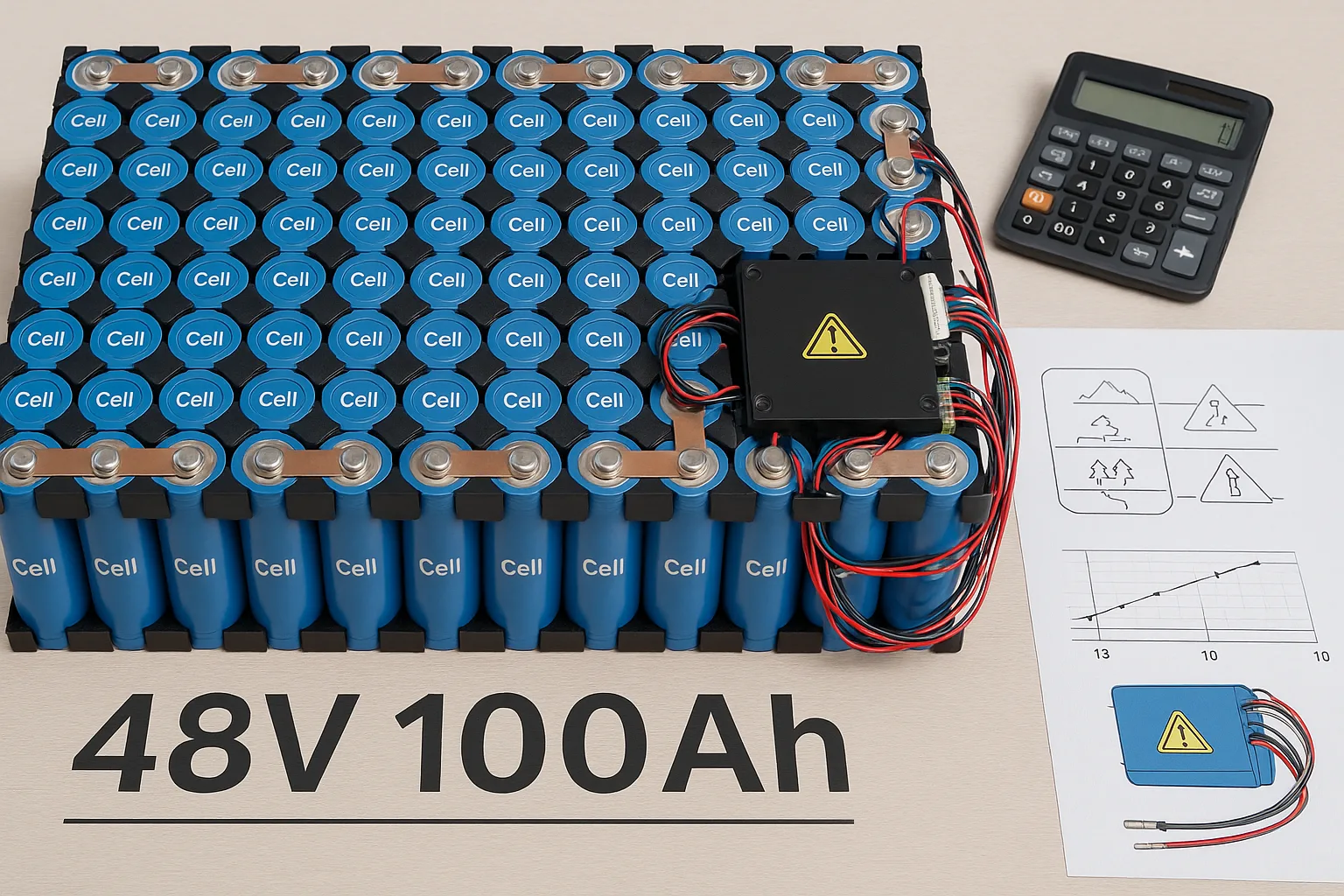 A partially assembled 48V 100Ah battery pack using 18650 cells on a work table, with connected BMS, calculator, and technical schematics beside it.