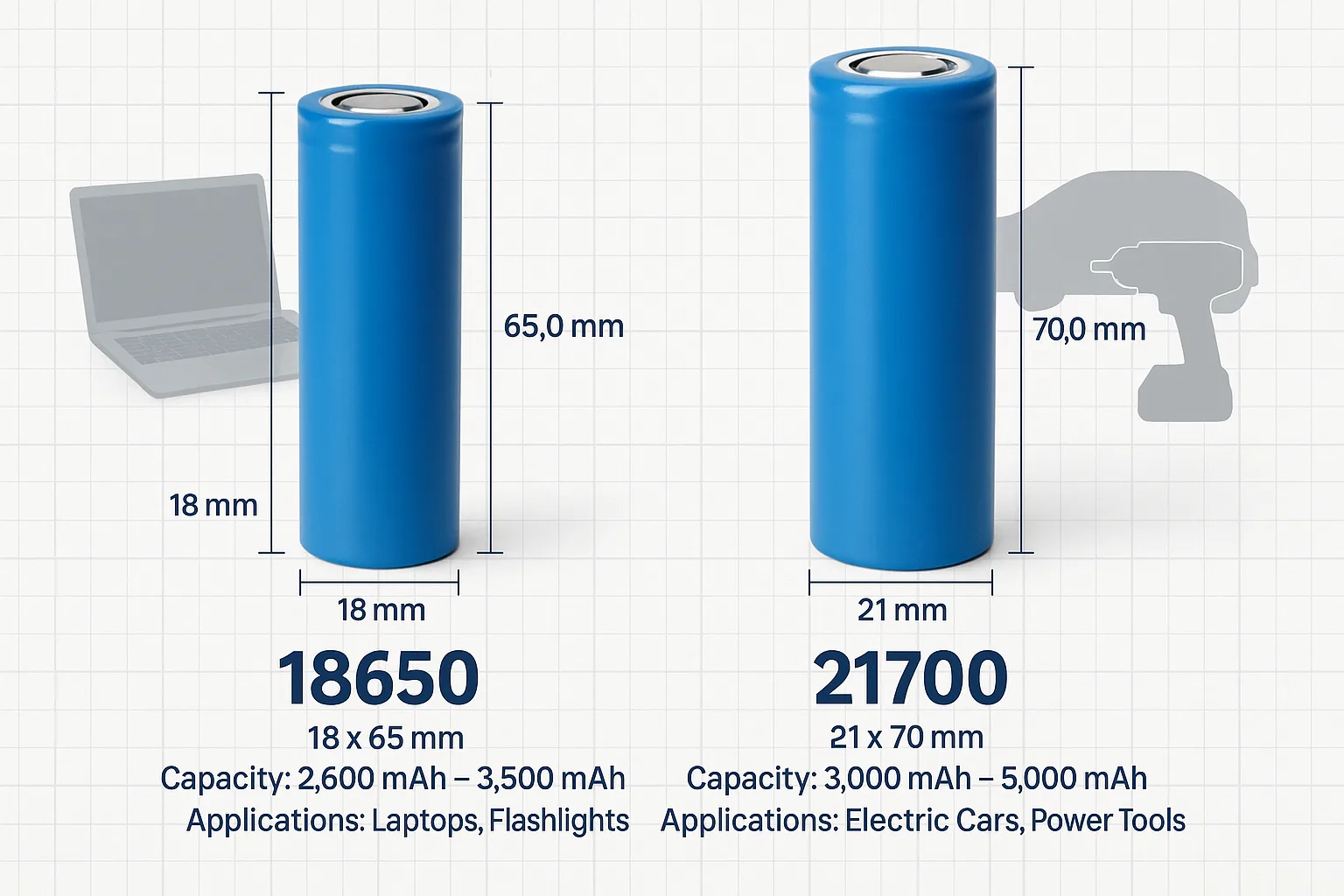 A visual comparison of 18650 and 21700 lithium-ion battery cells with measurements, capacity ranges, and applications like laptops and power tools.