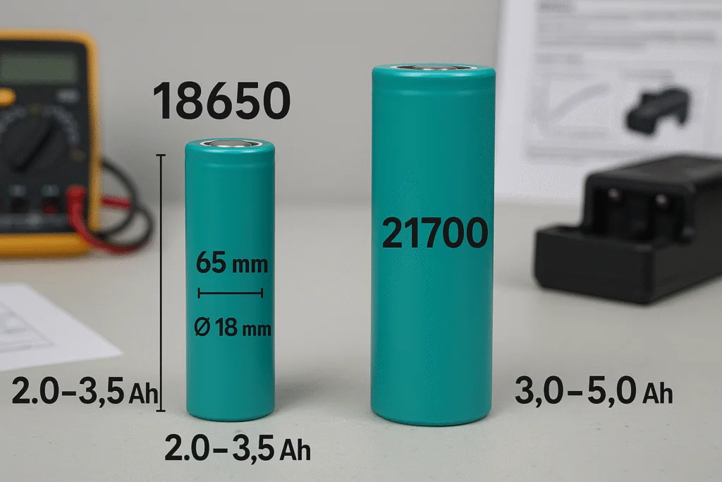 18650 and 21700 lithium batteries placed side-by-side on a workbench with labeled sizes and capacities. Background includes a multimeter, battery charger, and datasheet.