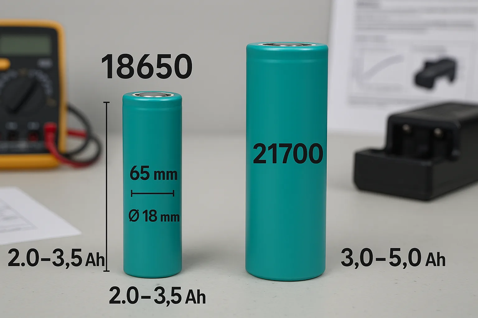 18650 and 21700 lithium batteries placed side-by-side on a workbench with labeled sizes and capacities. Background includes a multimeter, battery charger, and datasheet.