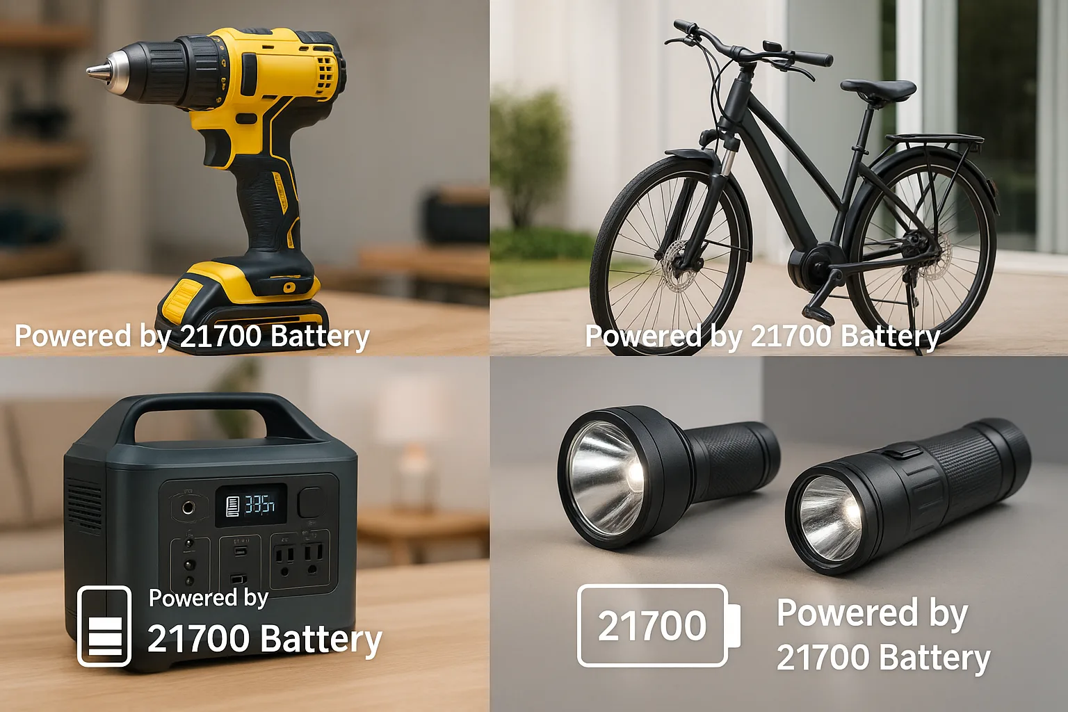 Cordless drill, electric bike, power station, and flashlight shown in a 2x2 grid layout, each labeled 