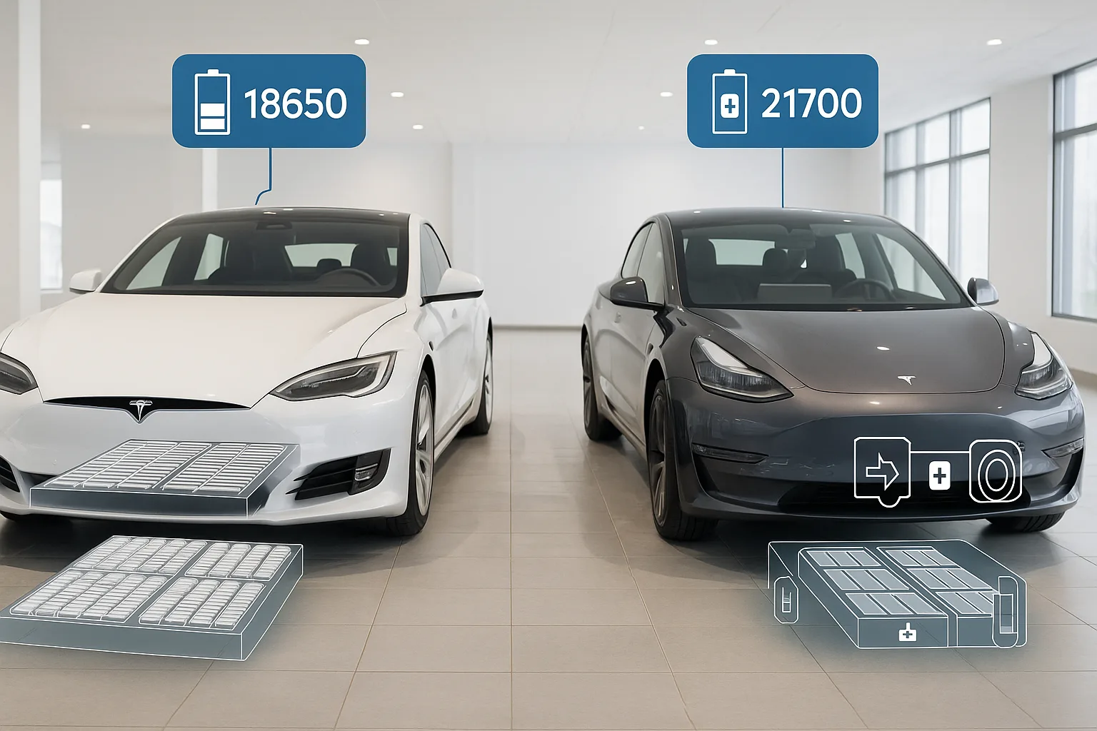 Tesla Model S and Model 3 parked in a clean showroom, with floating overlays showing 18650 and 21700 battery types and cutaway illustrations of their battery modules.