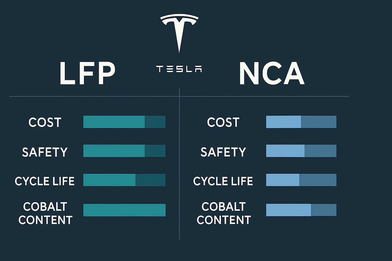 Infographic comparing LFP and NCA batteries on cost, safety, cycle life, and cobalt content with Tesla logo.