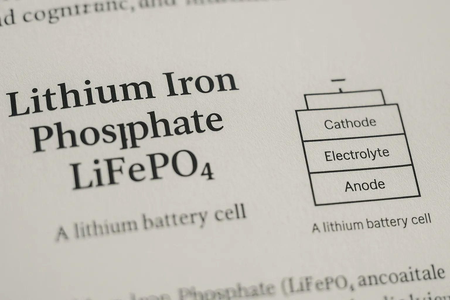 Close-up of textbook page titled Lithium Iron Phosphate (LiFePO₄) with labeled battery cell diagram.