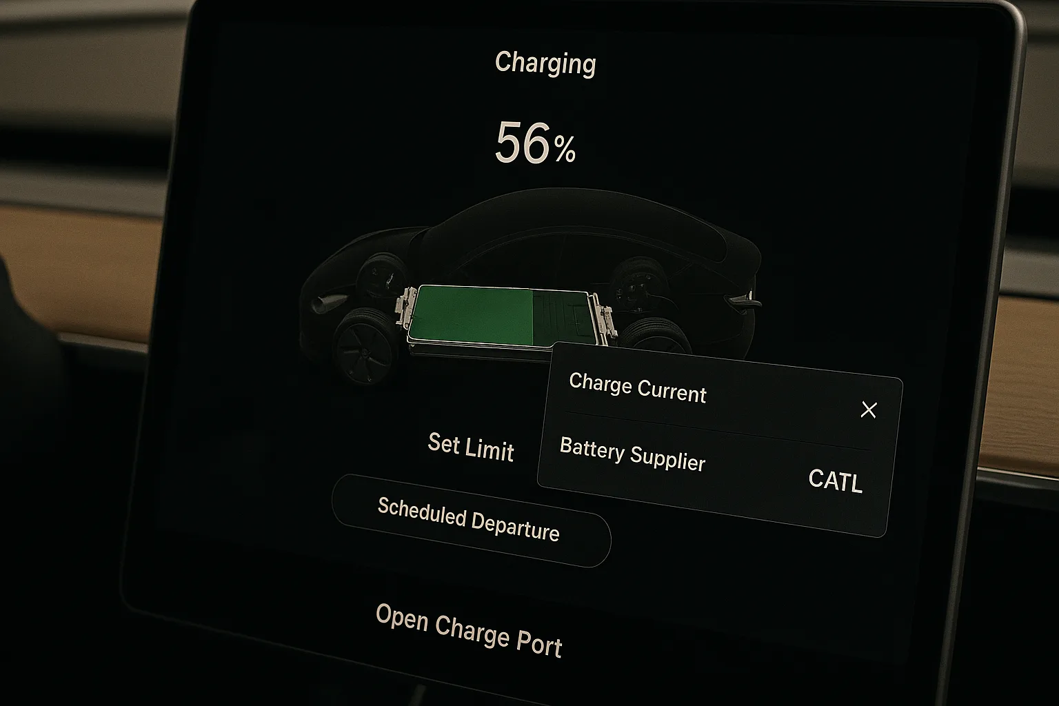 Tesla touchscreen in dark mode showing charging status and [CATL](https://en.wikipedia.org/wiki/CATL)[^8] as battery supplier.