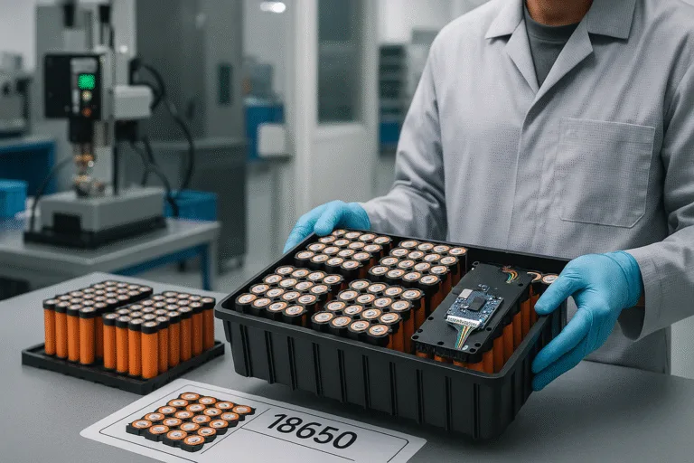 A worker wearing gloves inspects a tray of 18650 battery packs in a clean lithium battery manufacturing facility, with a visible BMS on one pack and welding machines in the background.