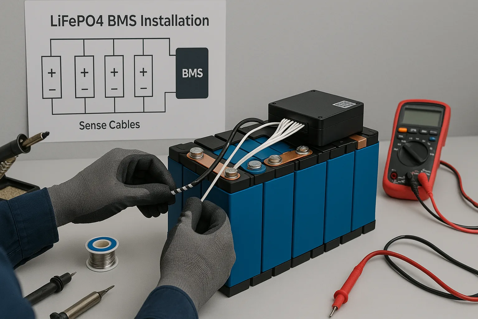 Gloved technician wiring BMS sense cables to LiFePO4 cells, with a diagram and tools like a voltmeter and soldering iron nearby.