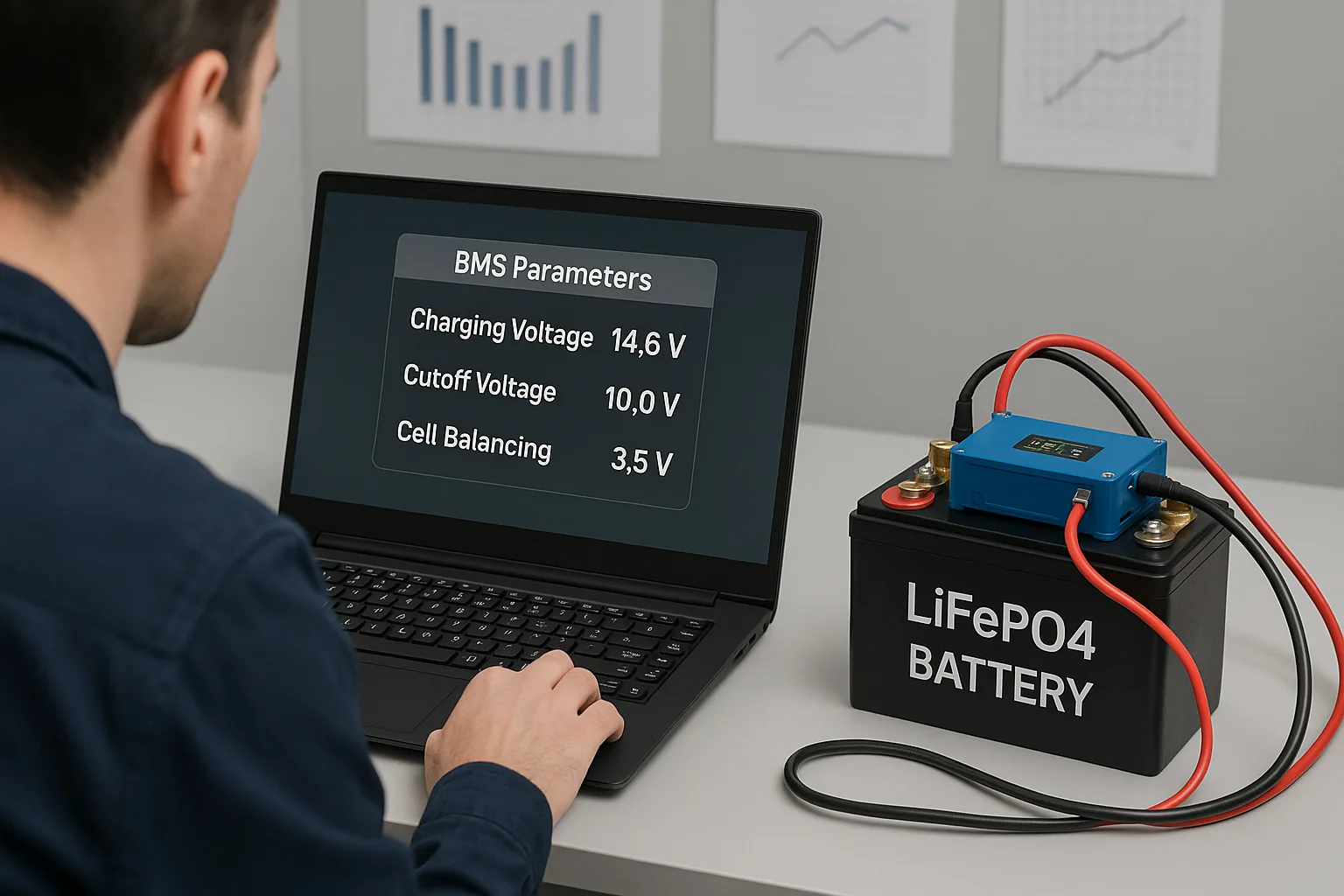 Technician configuring BMS parameters on a laptop connected to a LiFePO4 battery, with charging voltage, cutoff, and cell balancing displayed.