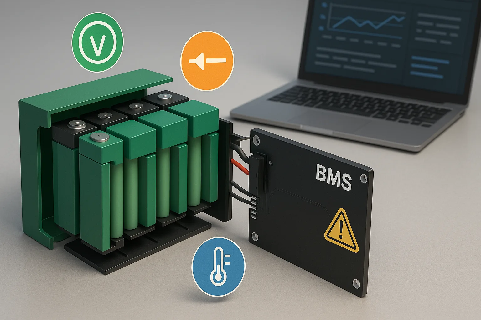 Exploded view showing internal cells of a LiFePO4 battery connected to a BMS, with overlayed voltage, current, and temperature icons.