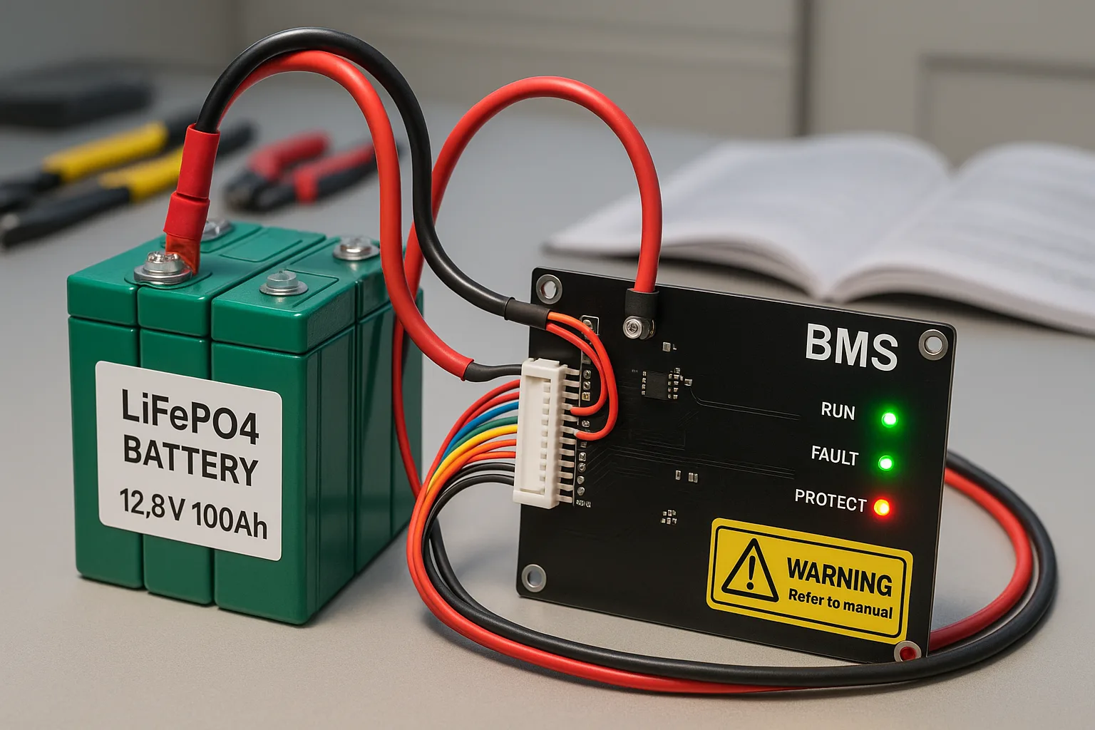 Close-up view of a LiFePO4 battery pack connected to a BMS with glowing diagnostic lights on a clean workbench.