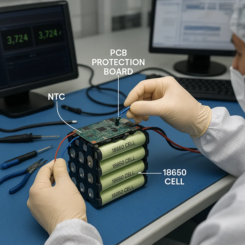 Technician assembling a lithium battery pack with 18650 cells, NTC sensor, and PCB protection board on an ESD mat in a cleanroom lab.