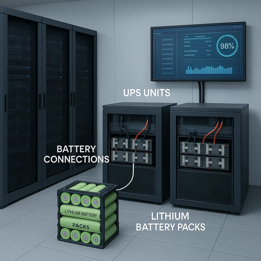 Lithium battery backup system powering UPS units in a modern data center, with server racks and battery health monitoring screen.