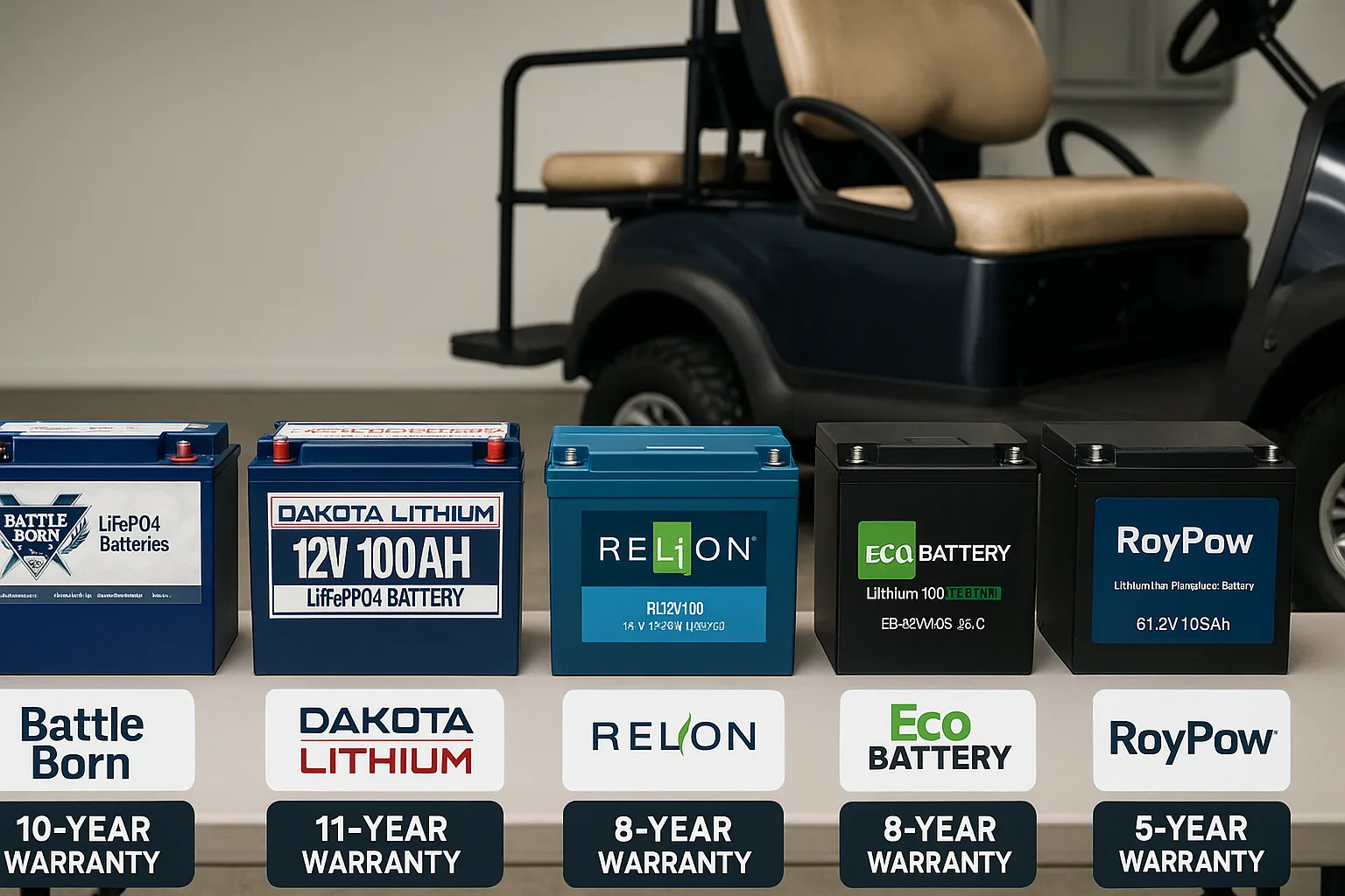 Battle Born, Dakota Lithium, RELiON, Eco Battery, and RoyPow batteries side by side with warranty labels, in front of a golf cart.