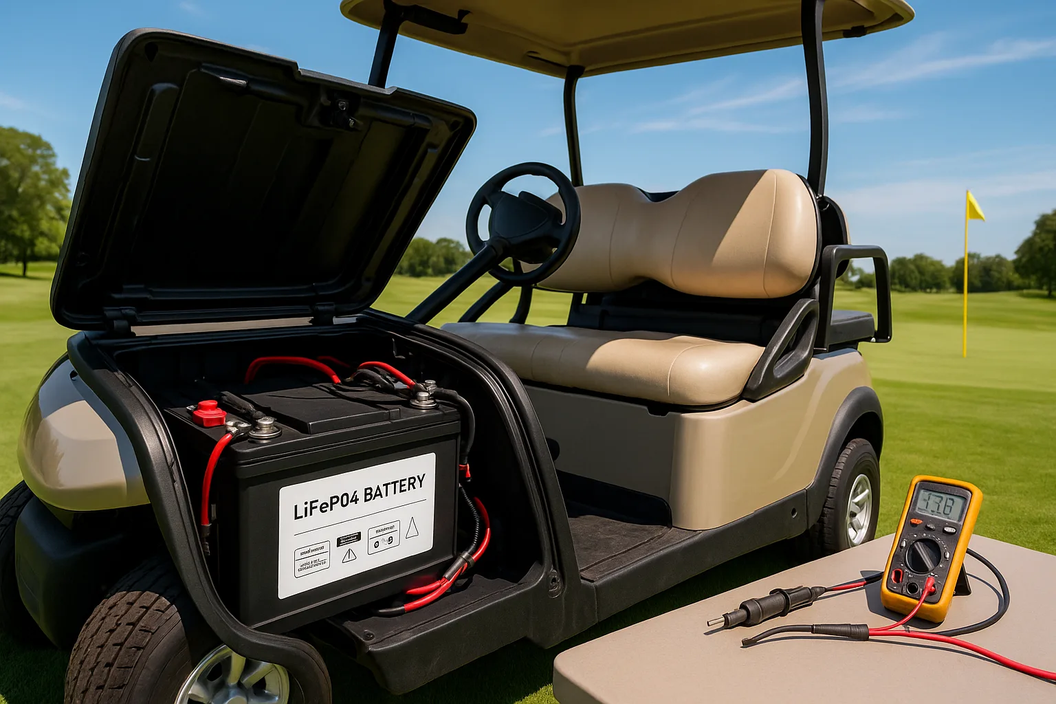 A golf cart parked on a sunny course with its battery compartment open, revealing a cleanly labeled LiFePO4 battery and wiring.
