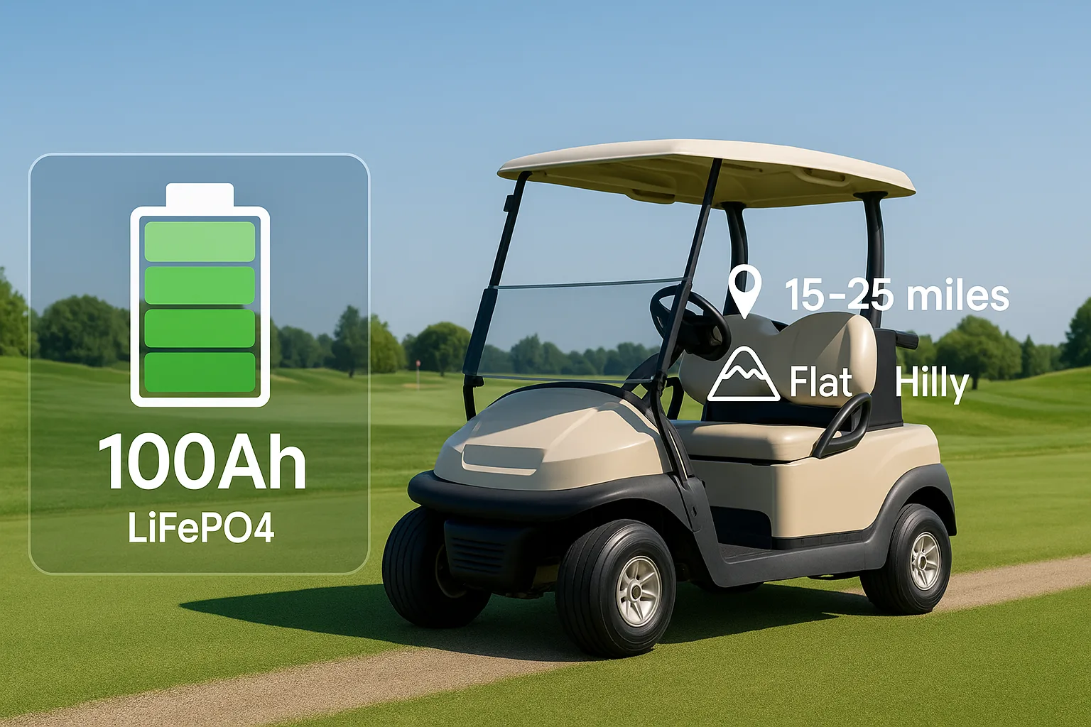 A golf cart driving on a fairway with overlay graphics showing 100Ah LiFePO4 battery, 15–25 mile range, and terrain icons.