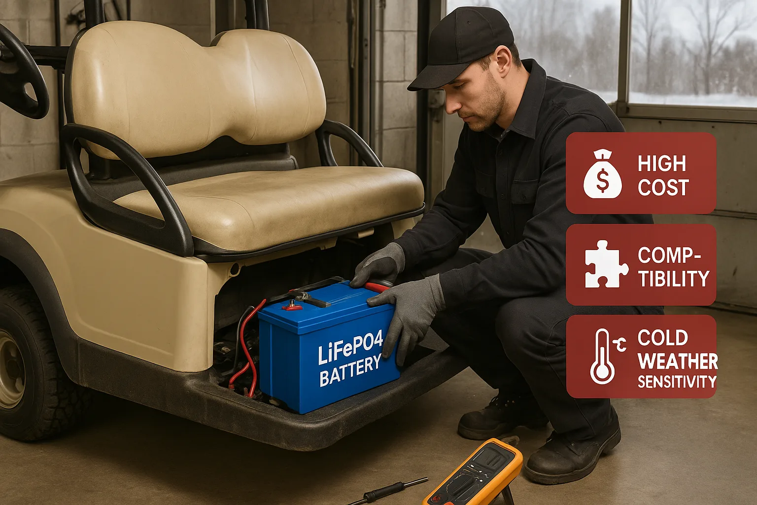 A technician installs a LiFePO4 battery into an old golf cart in a garage, with red warning icons for cost, compatibility, and cold weather.