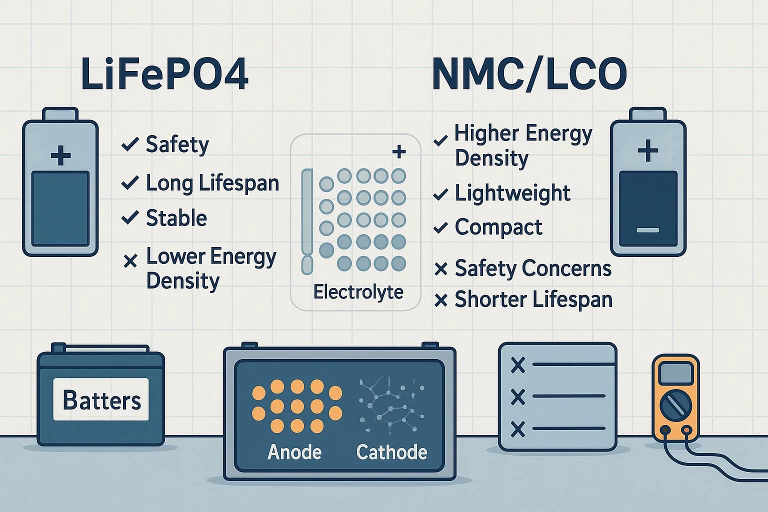  Technical illustration comparing LiFePO4 and NMC/LCO batteries with pros and cons, and a simplified battery cell diagram.