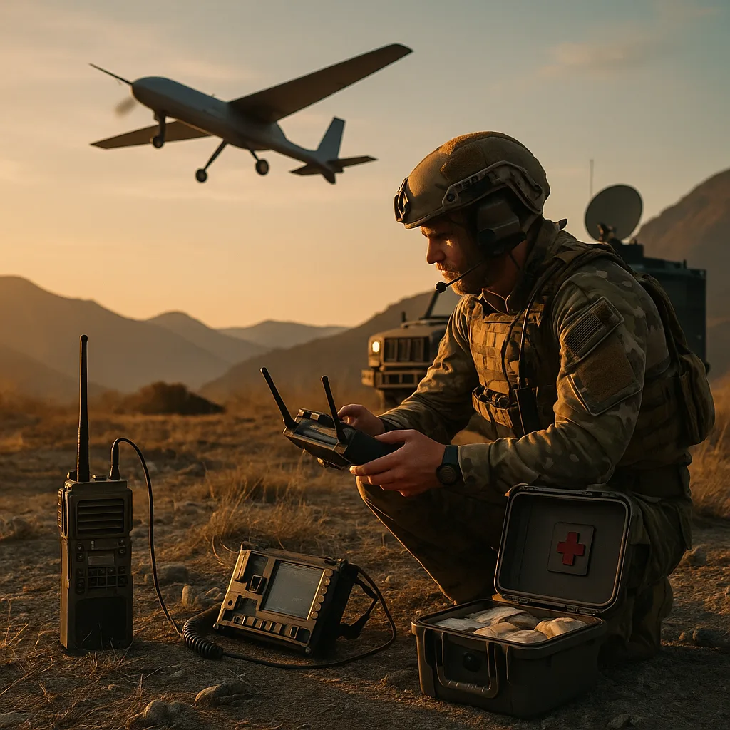 Soldier operating tactical gear including a drone controller, rugged radio, and medical kit, while a UAV launches near a mobile command vehicle at sunrise in a mountainous field.