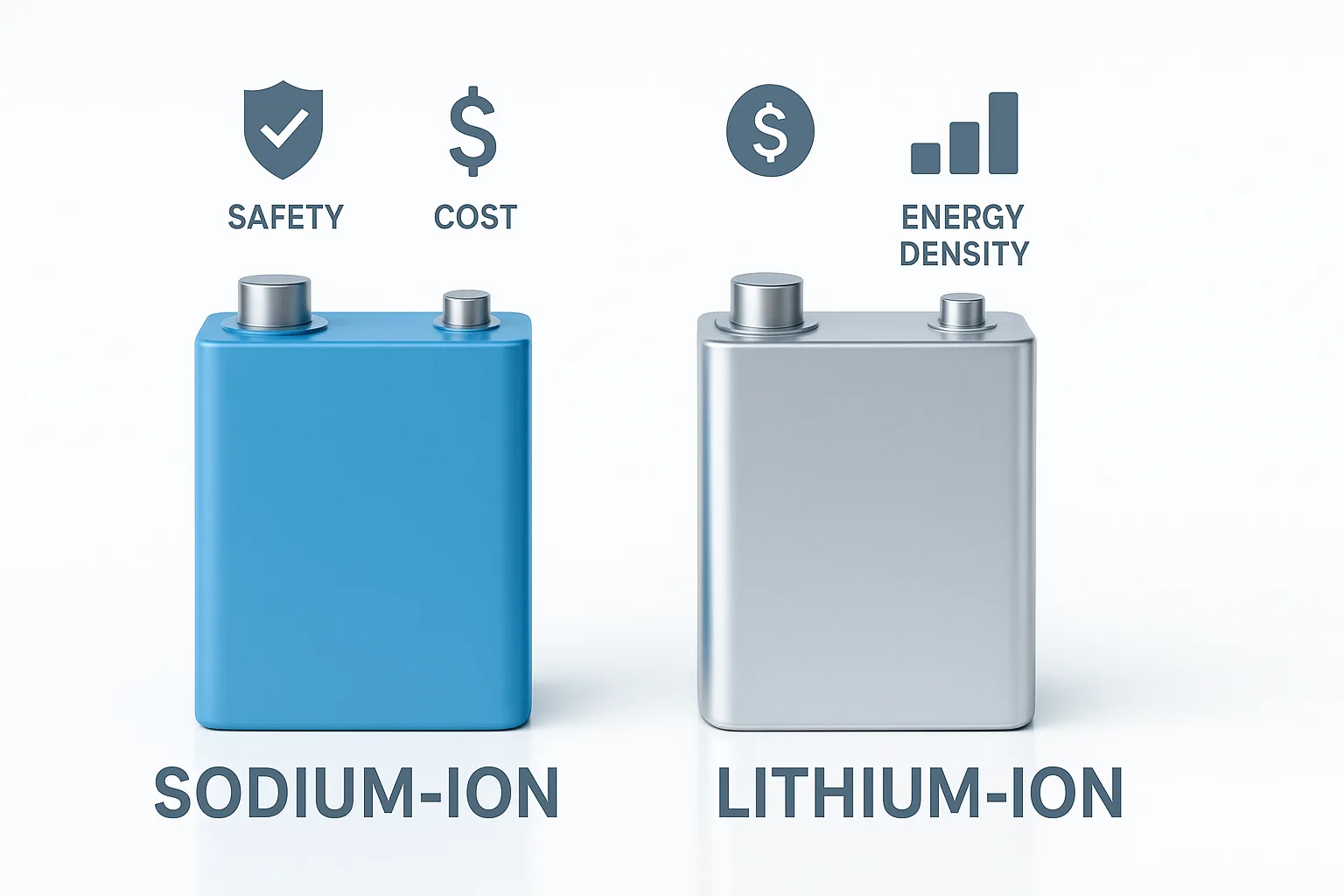 Blue sodium-ion and silver lithium-ion battery cells side by side on a white reflective surface, with icons showing safety, cost, and energy density.