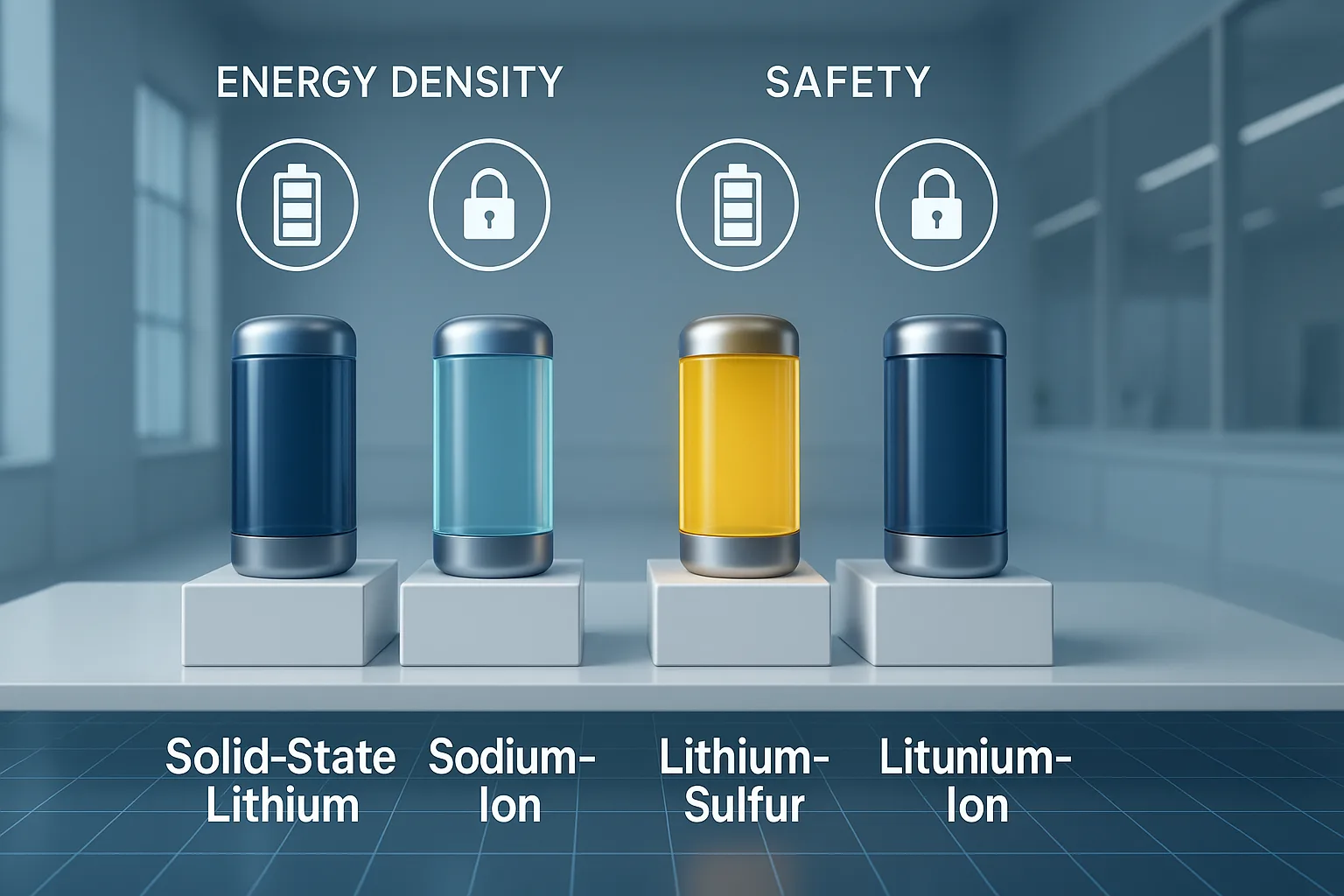 3D infographic showing four futuristic battery types—solid-state lithium, sodium-ion, lithium-sulfur, and aluminum-ion—on pedestals with energy density and safety icons, set in a modern innovation lab.