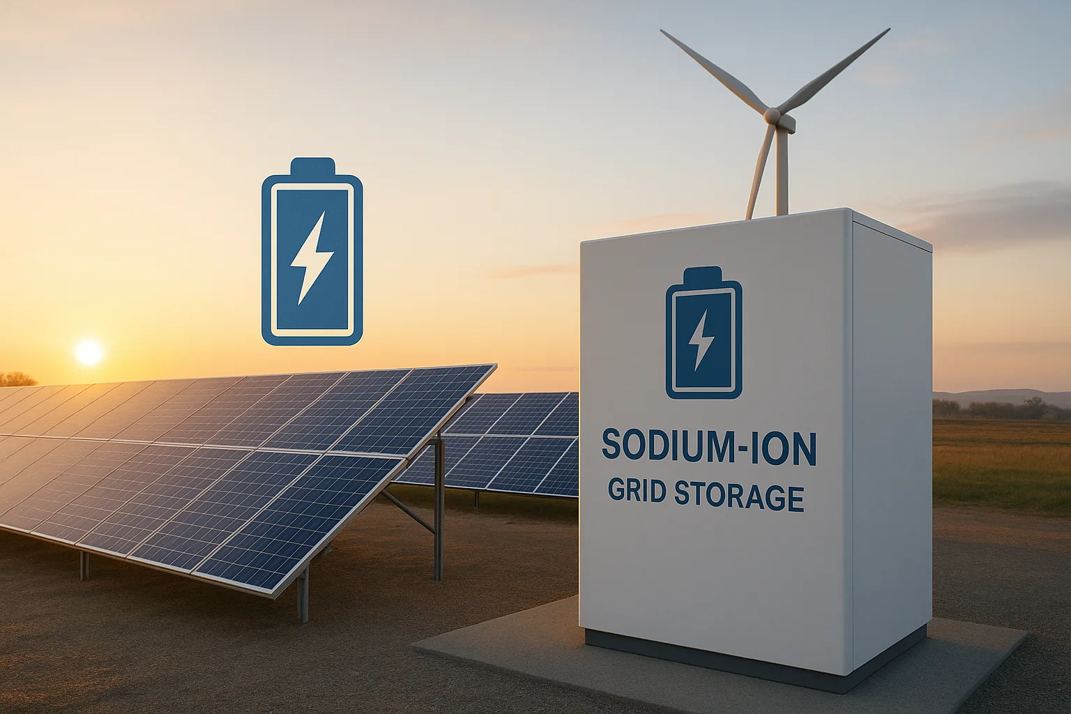 Sunrise over solar panels and wind turbine connected to a sodium-ion grid storage unit, promoting eco-friendly clean energy.