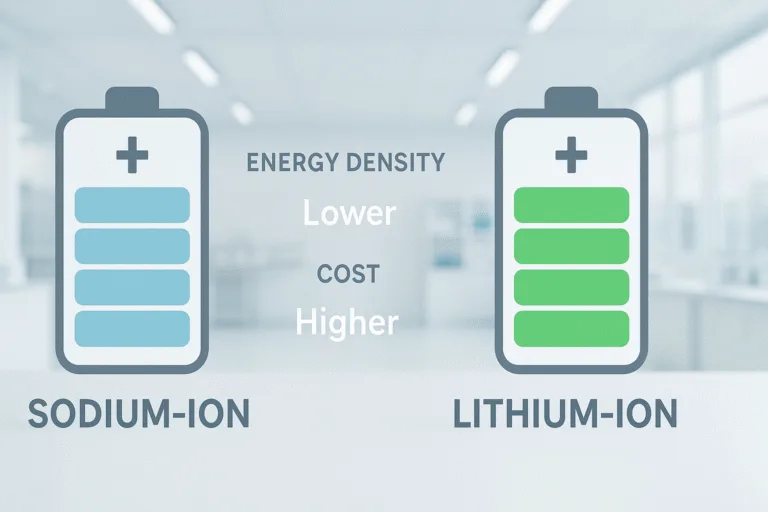 Infographic comparing sodium-ion and lithium-ion battery icons in a modern clean lab, with floating text showing differences in energy density and cost.