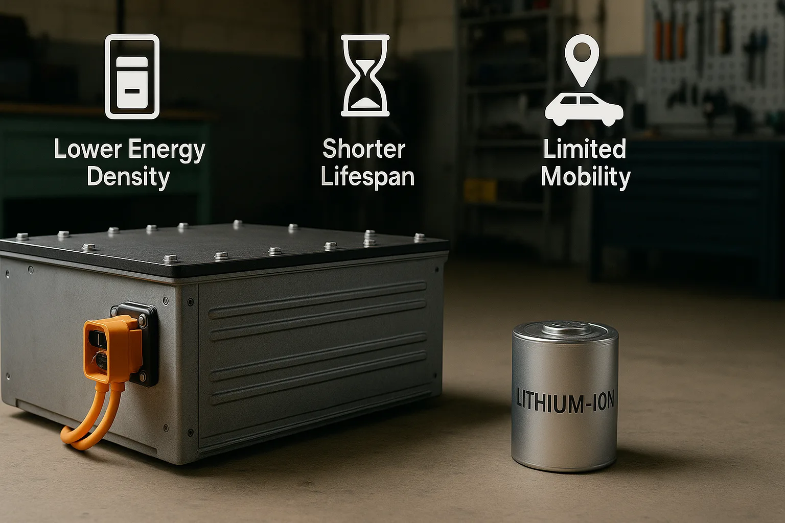 Large sodium-ion battery pack beside a compact lithium-ion battery in a workshop with icons showing lower energy density, shorter lifespan, and limited mobility.