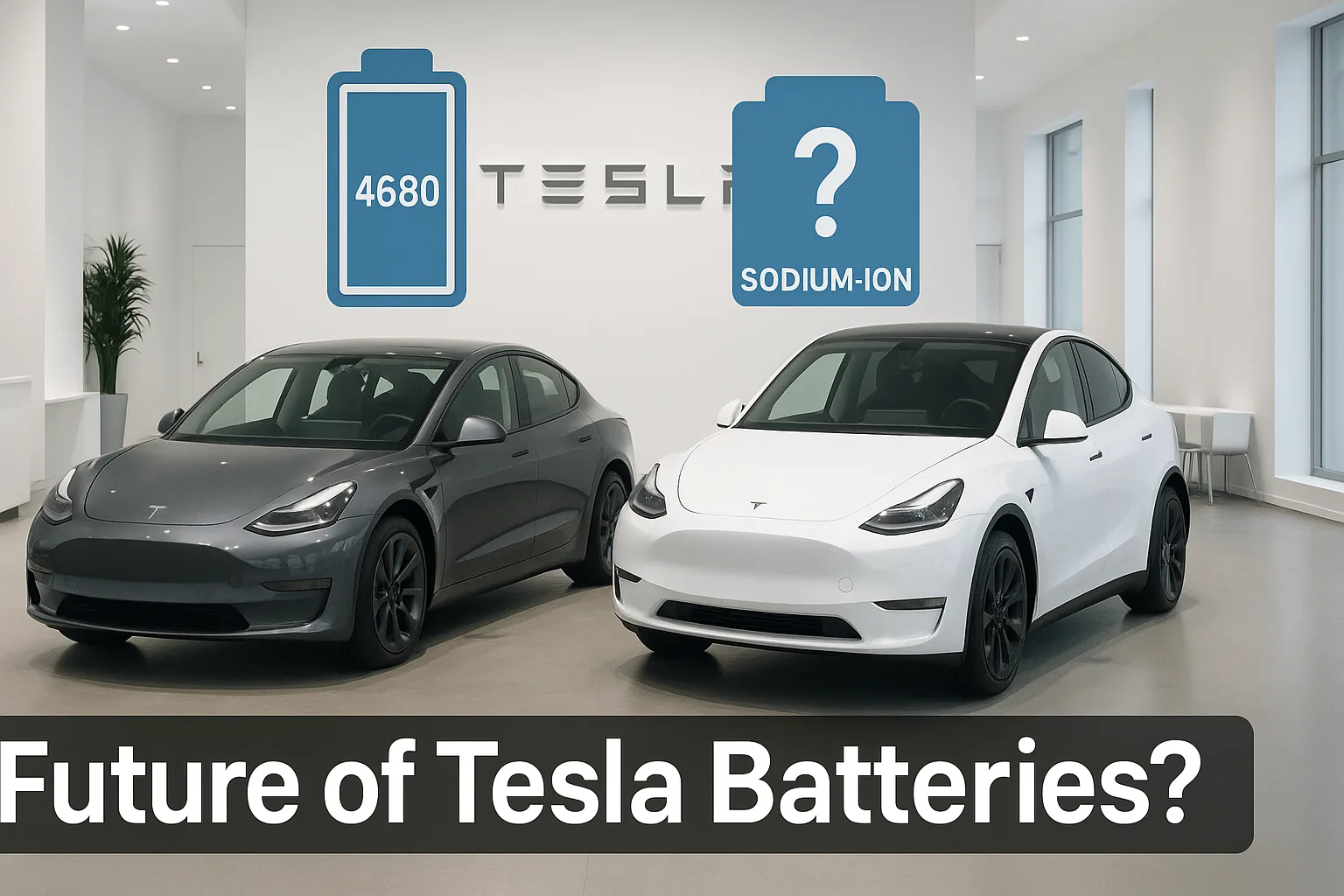 Tesla Model 3 and Model Y in a clean showroom with floating icons of 4680 battery and sodium-ion battery labeled with a question mark.