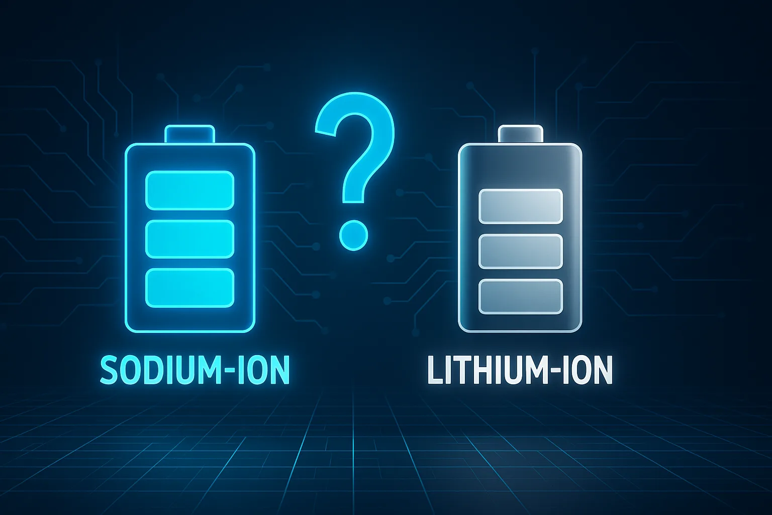 Futuristic side-by-side illustration of glowing blue sodium-ion and silver lithium-ion battery icons on a tech grid background, with a large question mark in between.