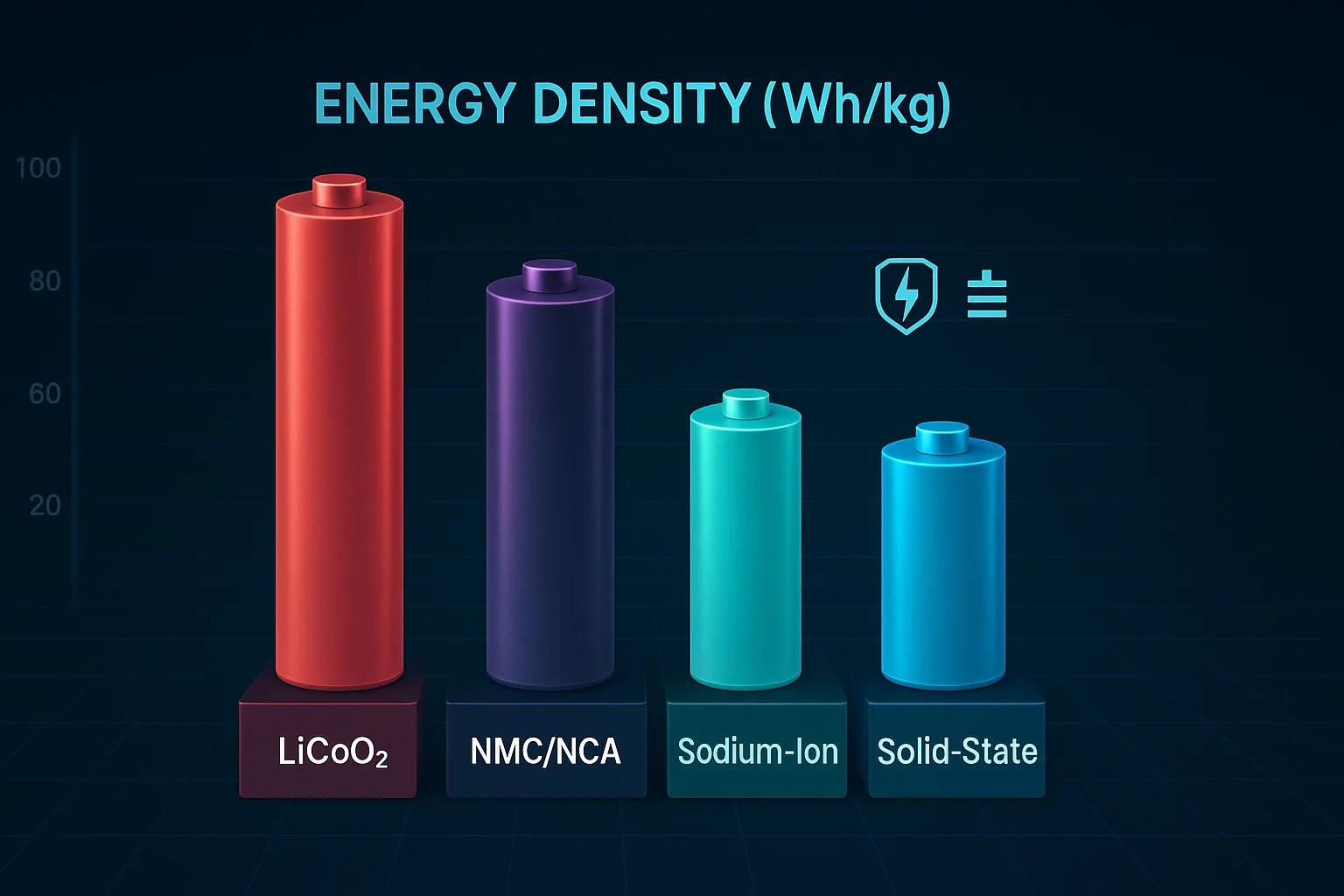 3D bar chart comparing energy density (Wh/kg) of LiCoO₂, NMC/NCA, Sodium-Ion, and Solid-State batteries, with color-coded cylindrical icons on a dark futuristic background.