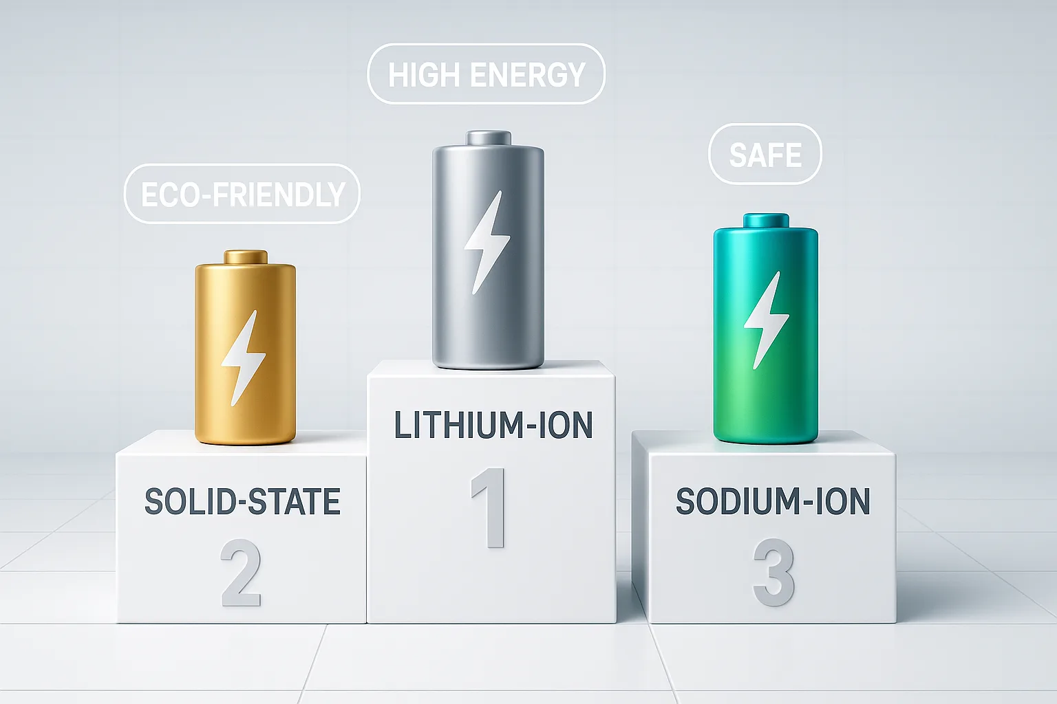 Minimalist 3D podium graphic showing lithium-ion, solid-state, and sodium-ion batteries in first, second, and third place positions, with floating benefits like high energy, eco-friendly, and safe.