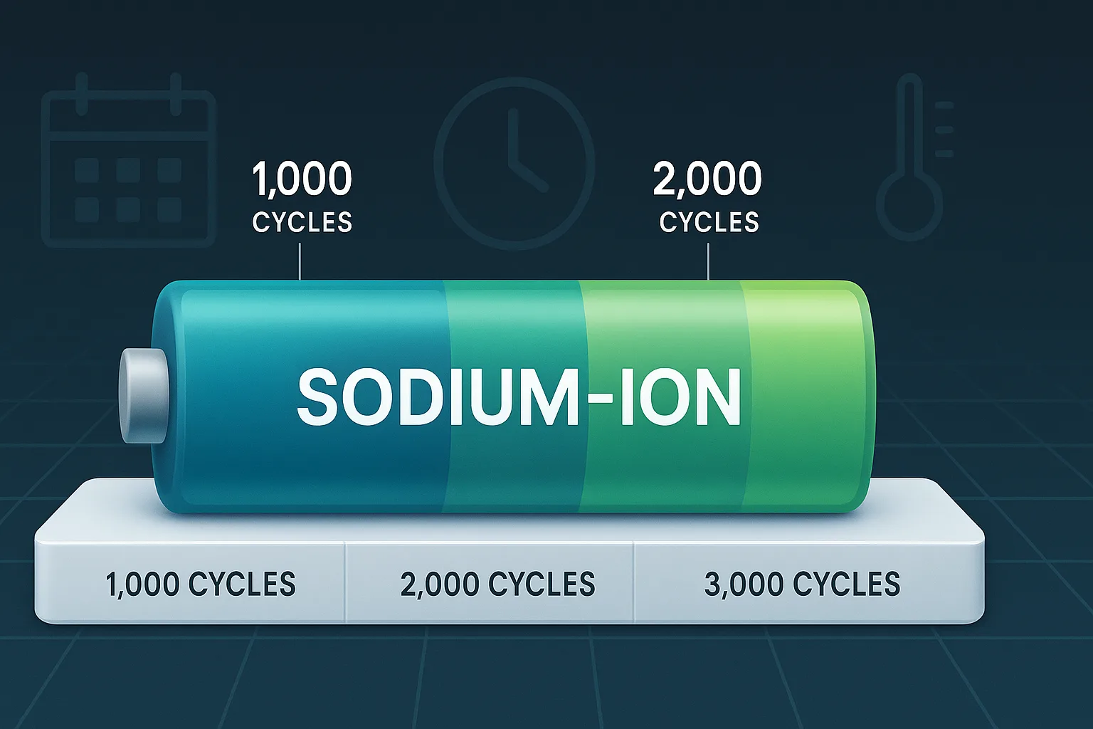 Horizontal sodium-ion battery icon segmented into 1,000, 2,000, and 3,000 cycle stages, with background icons for calendar, clock, and temperature. Clean infographic design.