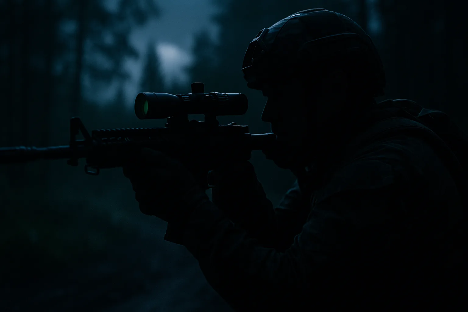 Soldier aiming with a rifle-mounted night vision scope in a dense forest during a night patrol under moonlight.