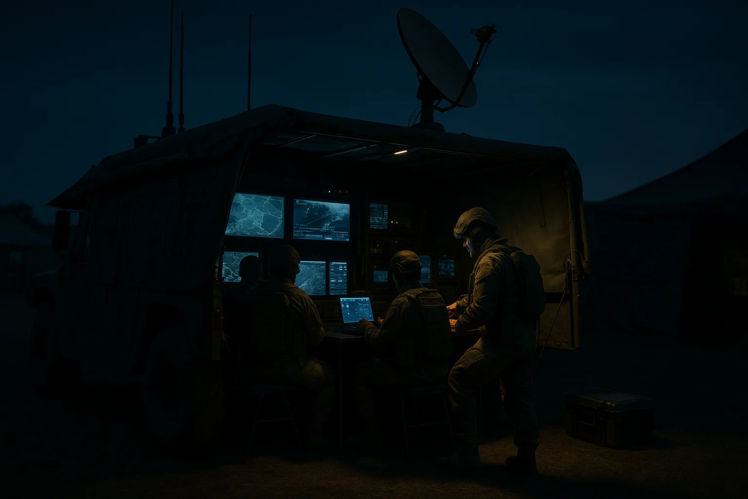 Tactical vehicle outfitted as a mobile command center with satellite dish and monitors, soldiers coordinating operations at night in a field camp.