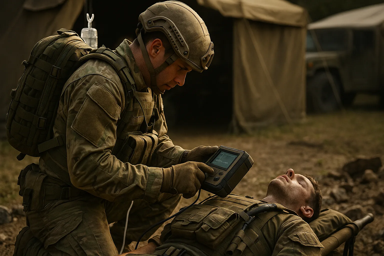 Combat medic using a portable defibrillator on a wounded soldier in a field environment with IV bag, medical gear, and triage tents in the background.