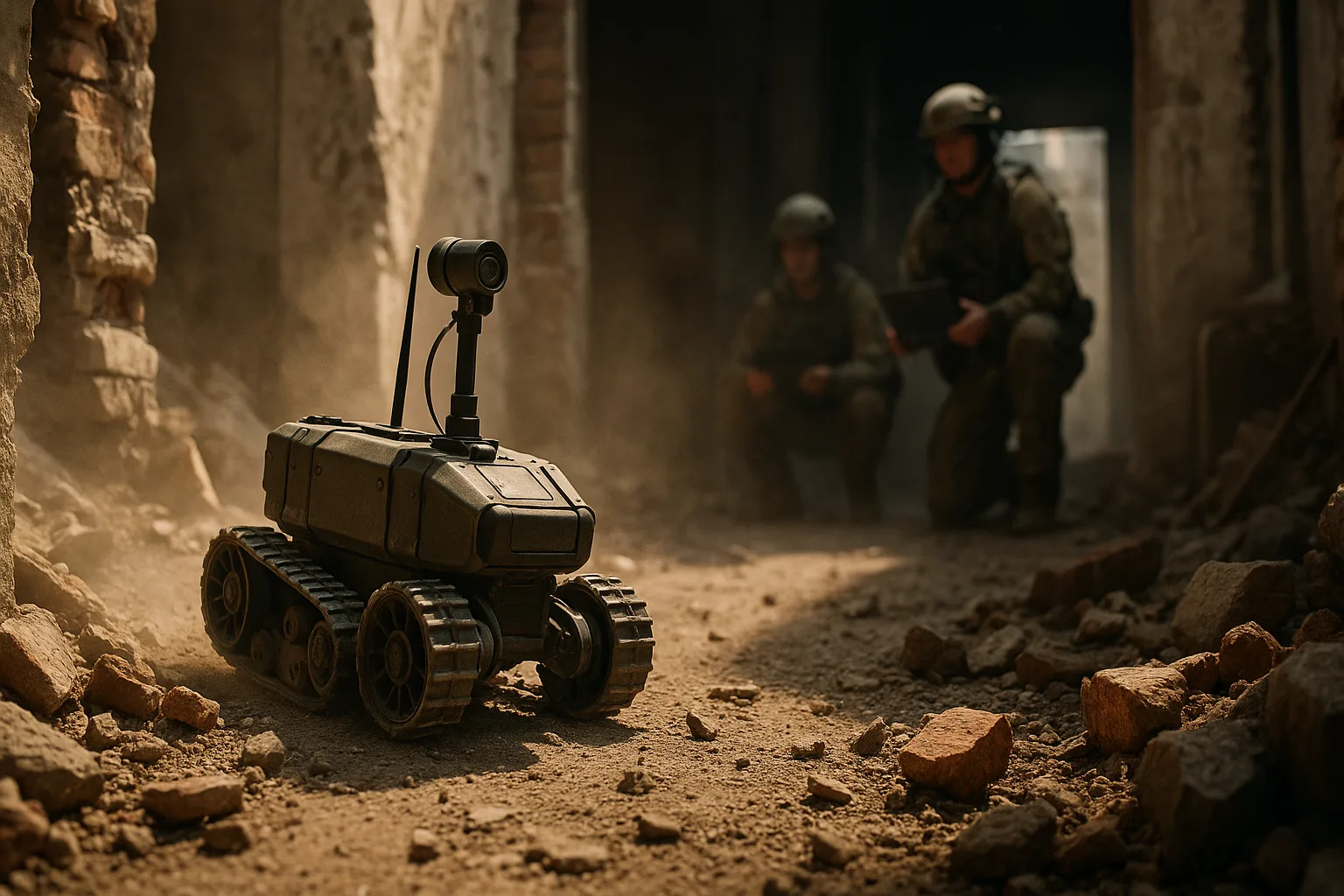Small military ground robot with tracks navigating rubble inside a damaged building while soldiers observe in the background.