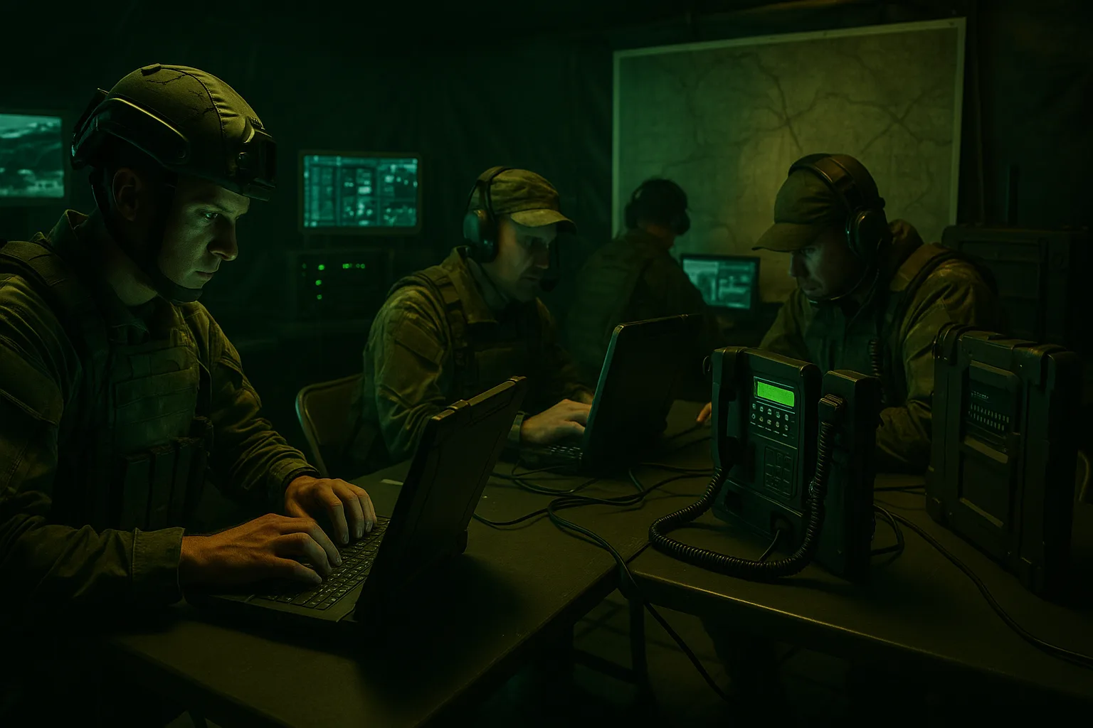Soldiers using rugged laptops and tactical communication terminals inside a mobile command tent under green lighting.