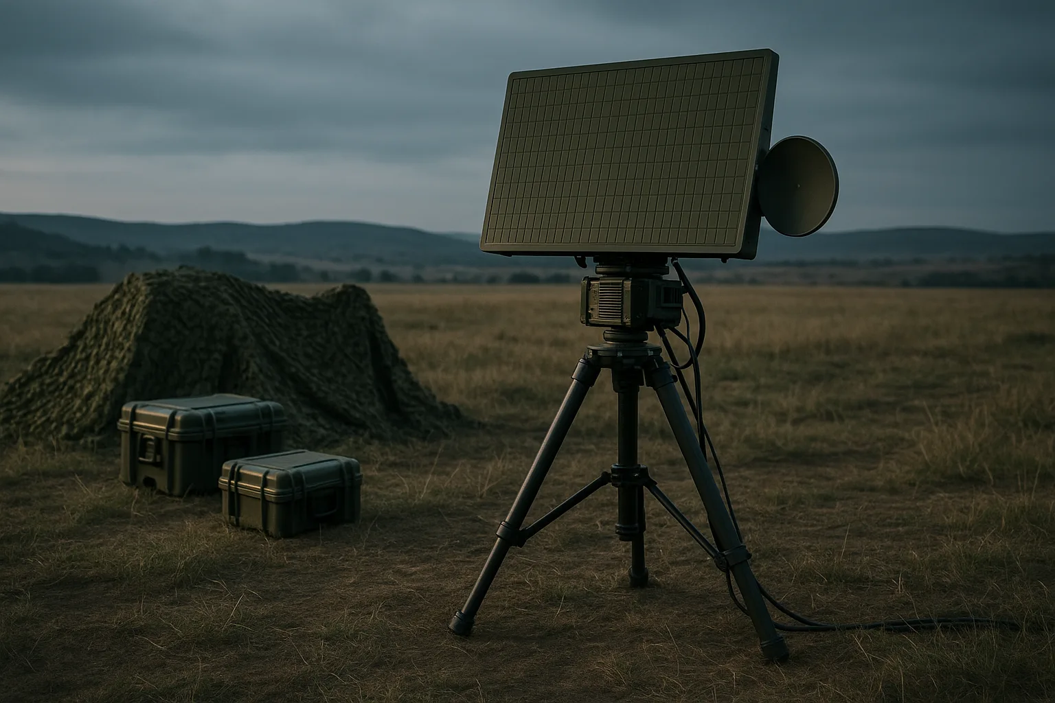 Portable military radar system on a tripod with camo netting and rugged cases in an open field at dawn.