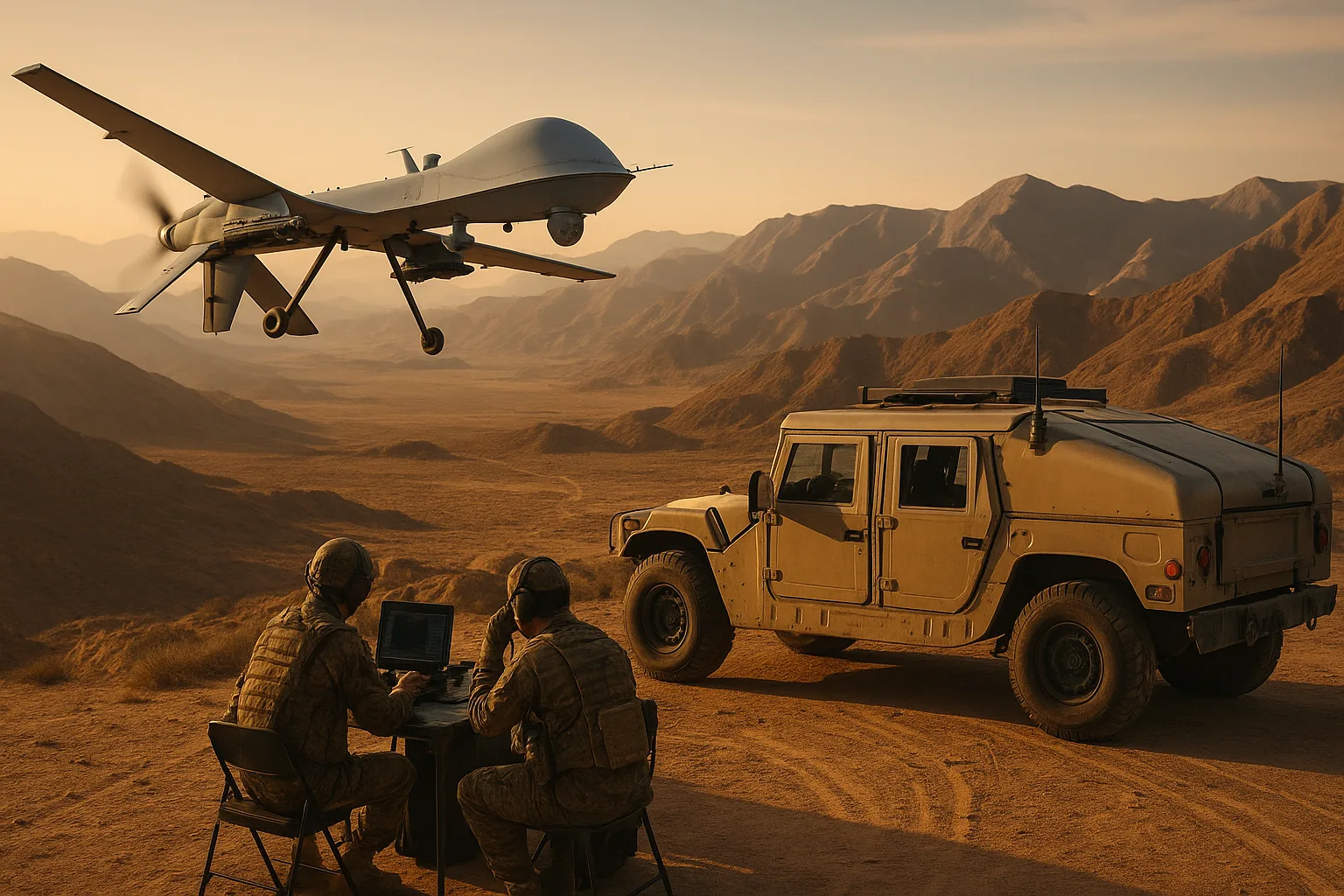 Military drone flying over desert mountains with soldiers operating equipment beside a tactical vehicle at sunset.